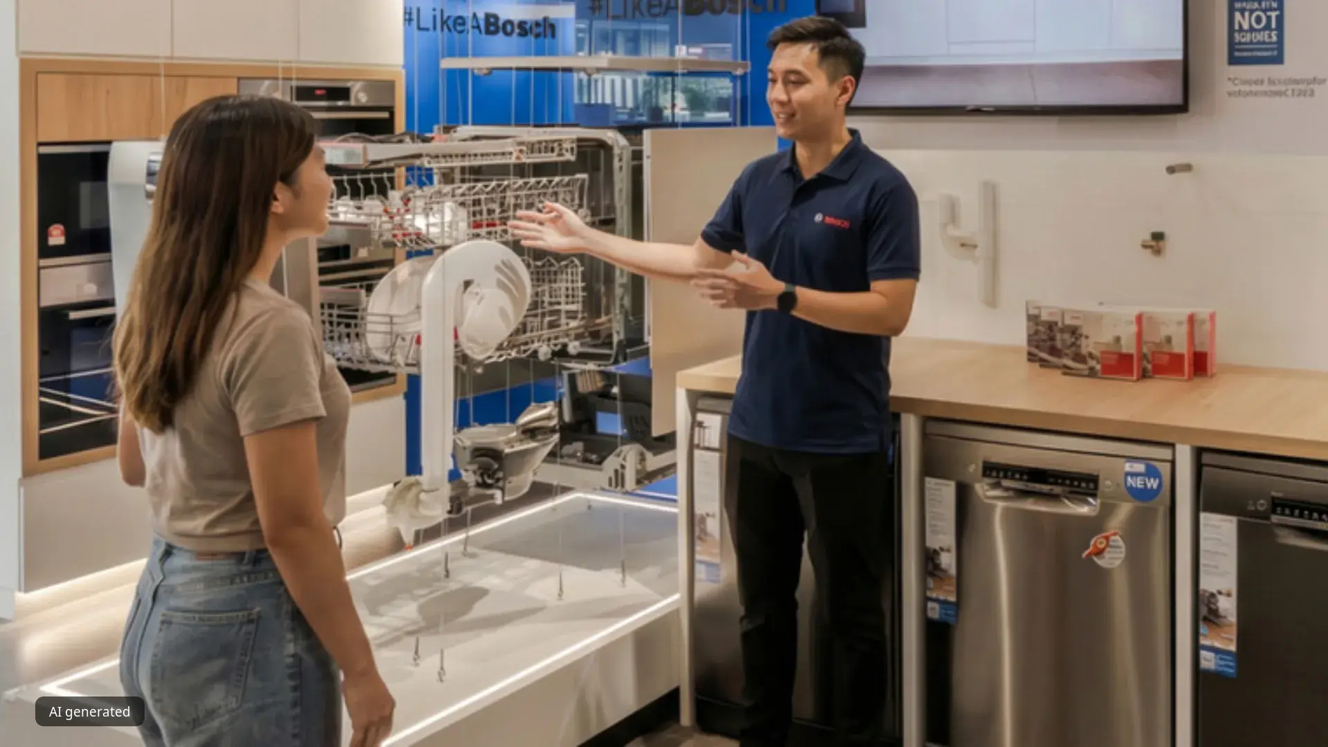 Bosch product specialist demonstrating a dishwasher to a customer during a hands-on workshop.