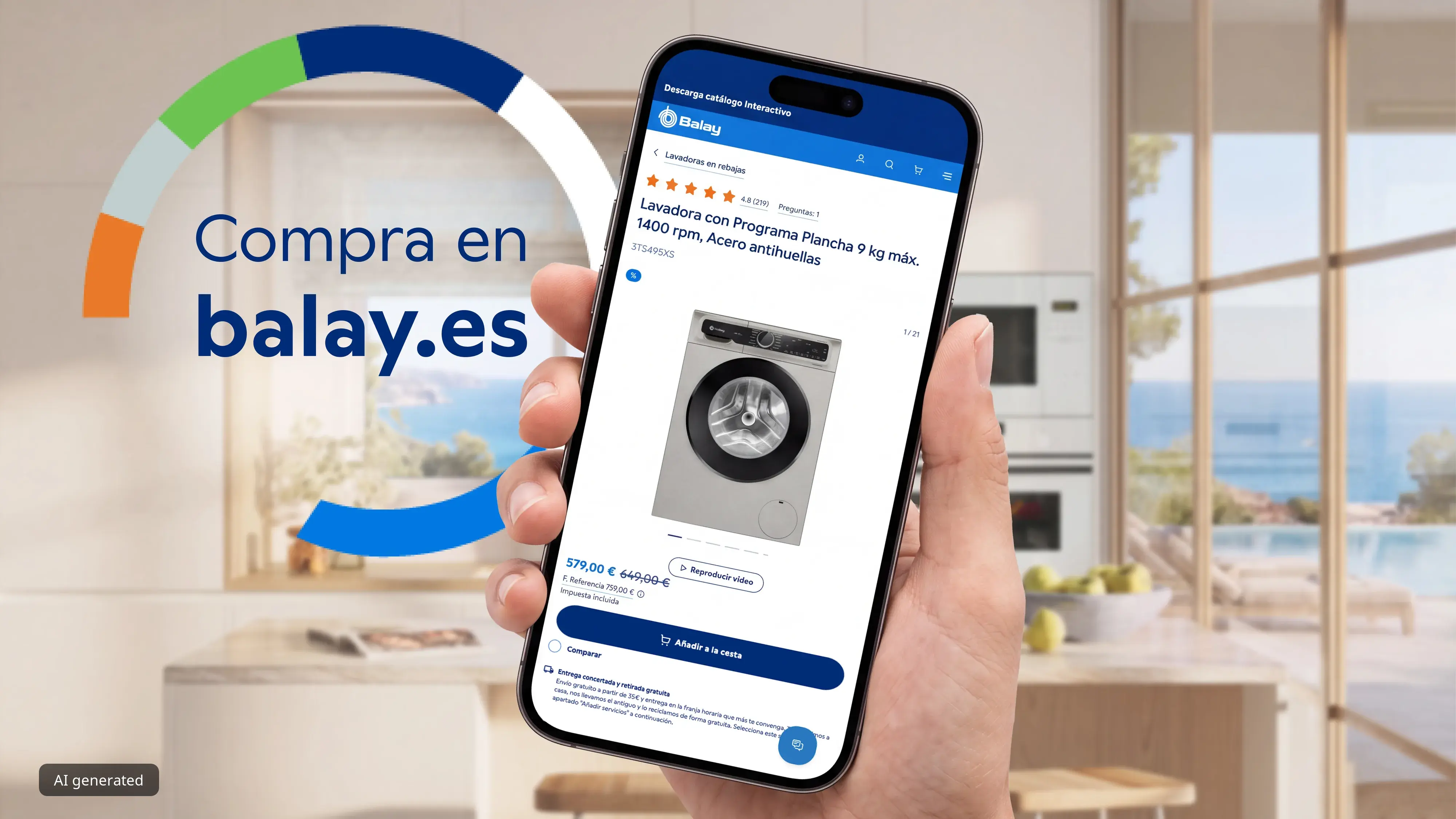 Mano de una persona sosteniendo un teléfono móvil que muestra la compra de una lavadora en la tienda online de Balay.