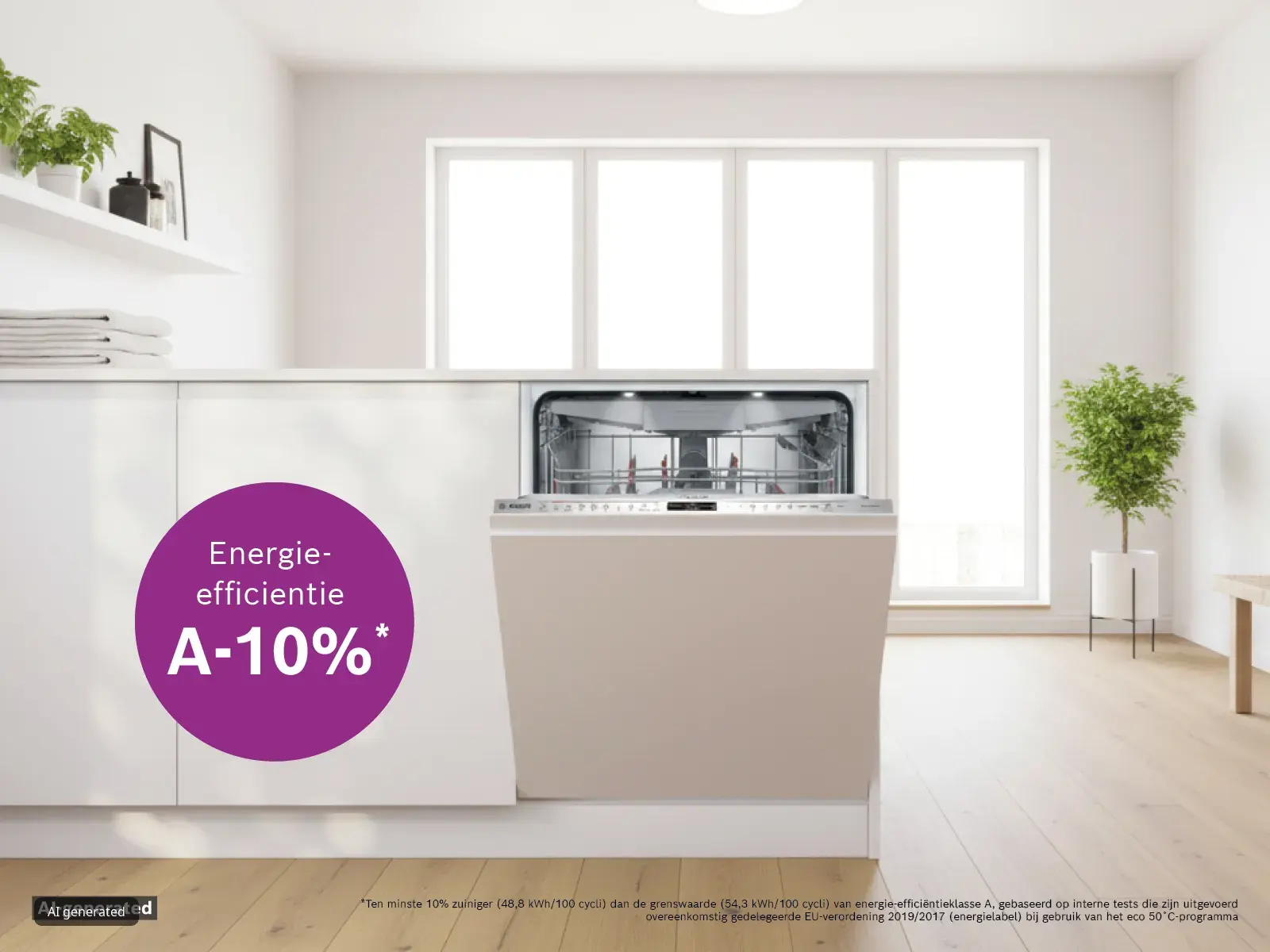  Open Bosch vaatwasser in een lichte keuken.