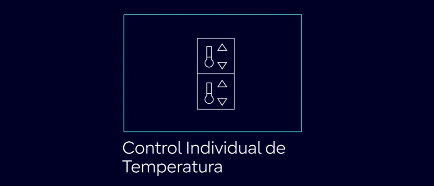 Un gráfico blanco con un fondo oscuro que presenta un cuadrado con flechas indicando ampliación del espacio. Debajo del icono, el texto dice "Control de temperatura individual".