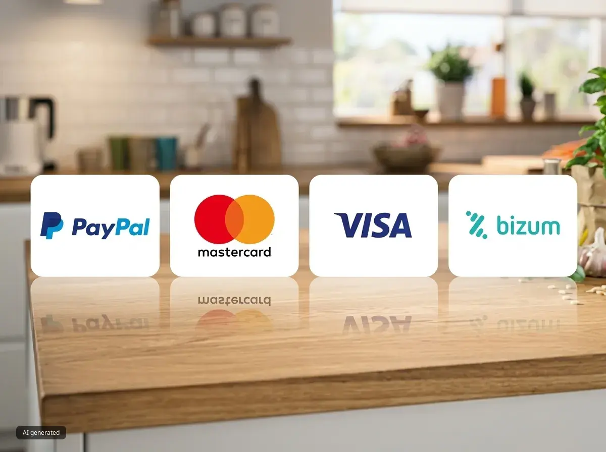 Cuatro logotipos de métodos de pago —PayPal, Mastercard, Visa y Bizum— se exhiben sobre una encimera de madera pulida, y sus reflejos son visibles en una cocina luminosa y acogedora.