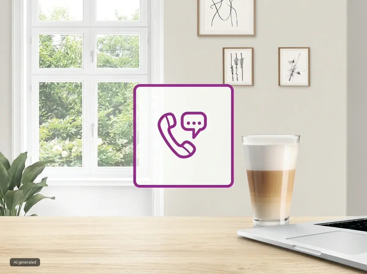Un icono morado de teléfono y chat aparece junto a un café con leche en capas sobre el alféizar de una ventana luminosa, creando un ambiente tranquilo y acogedor en una habitación minimalista.