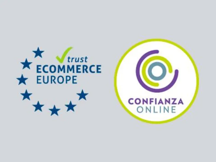 Dos sellos de confianza online sobre un fondo gris claro: estrellas azules y la inscripción “trust ECOMMERCE EUROPE” a la izquierda, y un logotipo circular y colorido “CONFIANZA ONLINE” a la derecha.