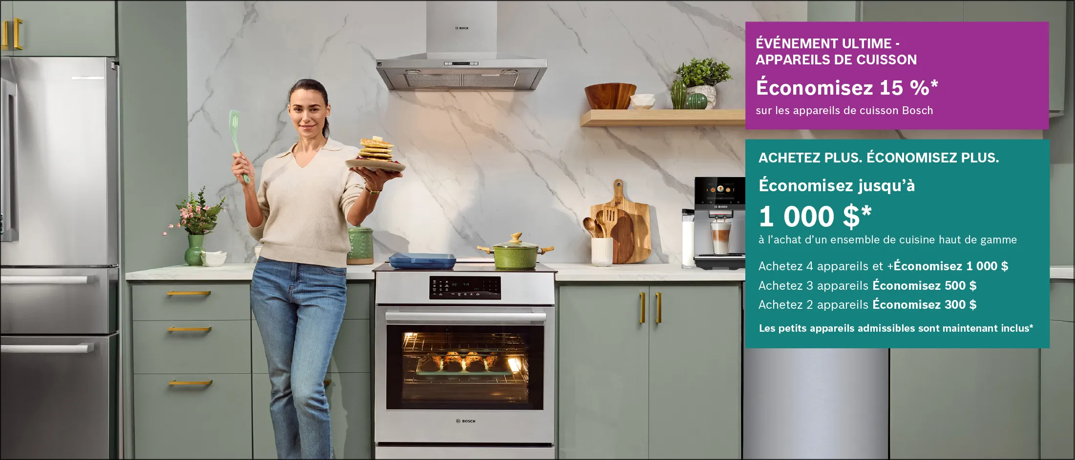 Une femme tenant des crêpes dans une cuisine moderne, à côté d'électroménagers Bosch, avec des bannières promotionnelles offrant des rabais et des économies sur les appareils de cuisson.