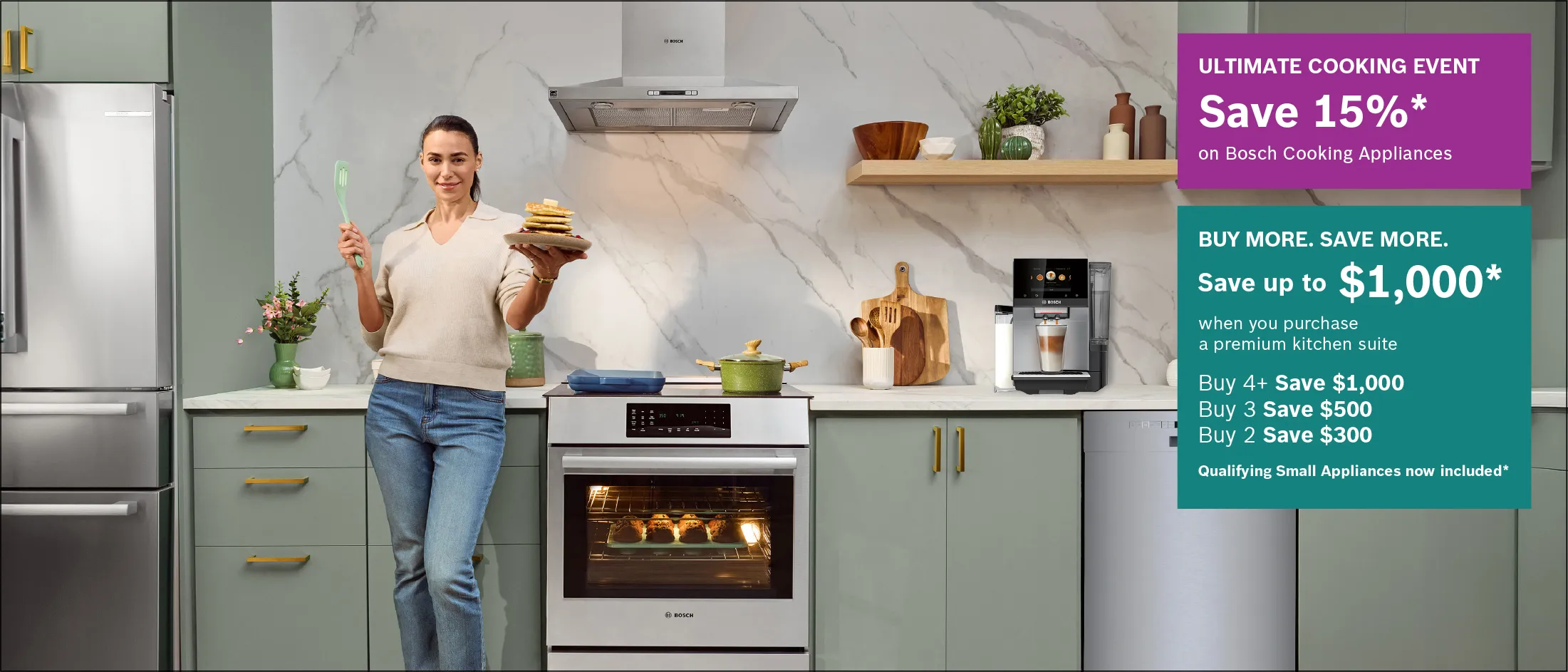 Woman holding pancakes in a modern kitchen beside Bosch appliances, with promotional banners offering cooking appliance discounts and savings.