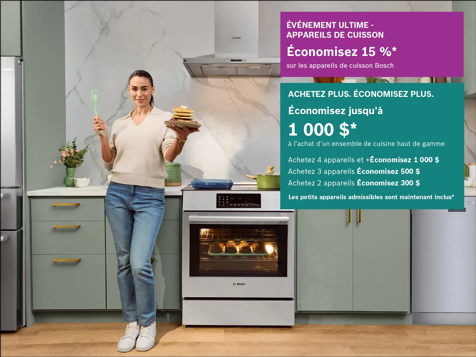 Une femme tenant un plat dressé et une spatule dans une cuisine moderne, à côté d'un four ouvert, avec un texte promotionnel sur les appareils de cuisson.