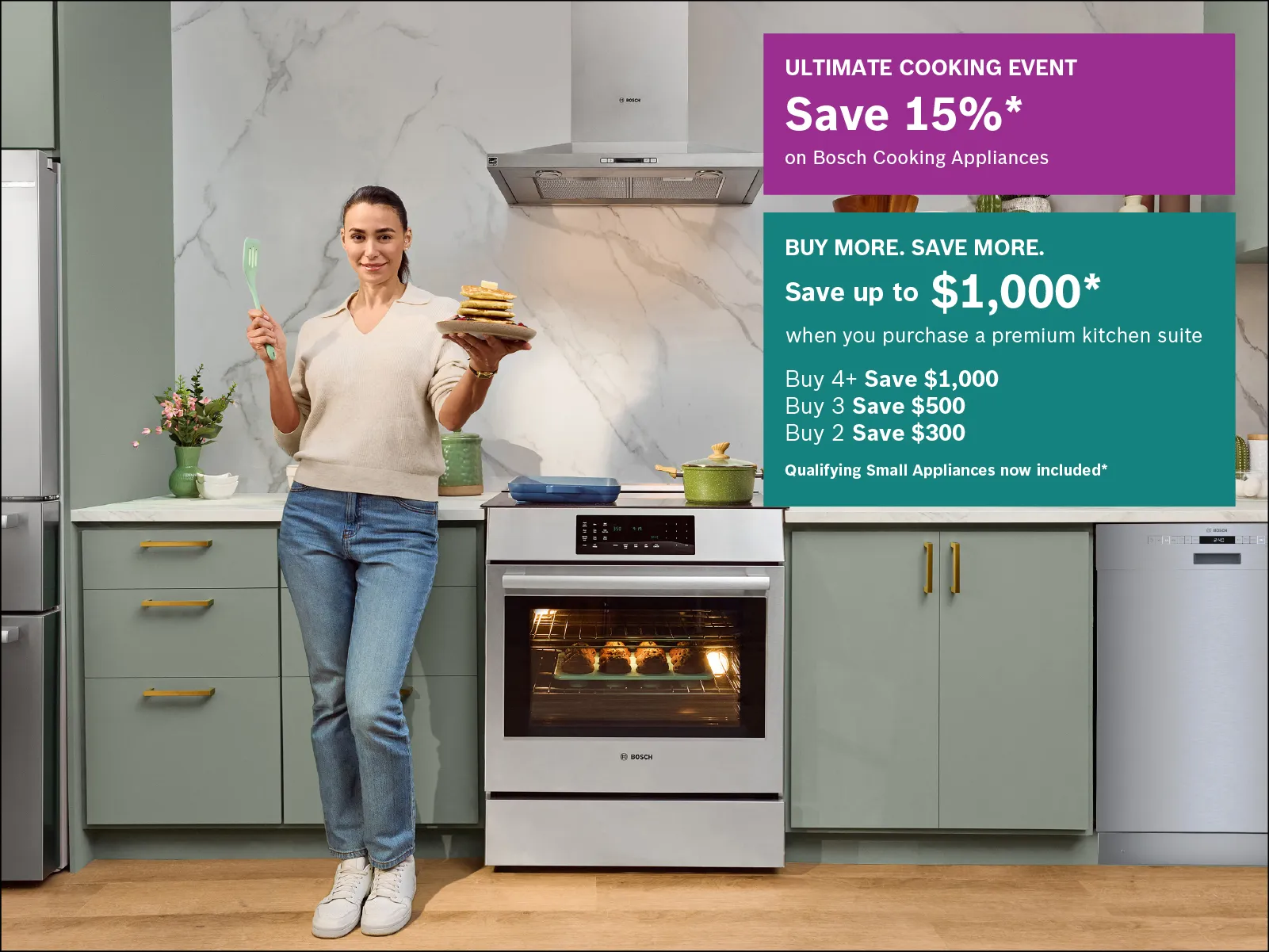 Woman holding a plated dish and spatula in a modern kitchen beside an open oven, with promotional cooking appliance text.