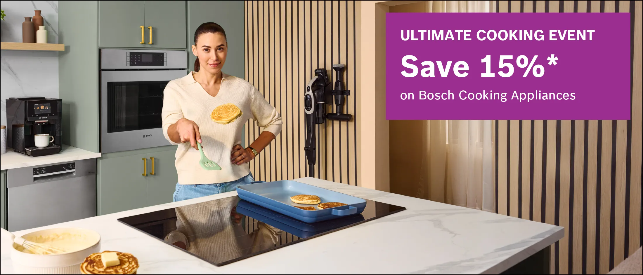 Chef preparing food in a modern kitchen beside a sign promoting 15% off cooking appliances.