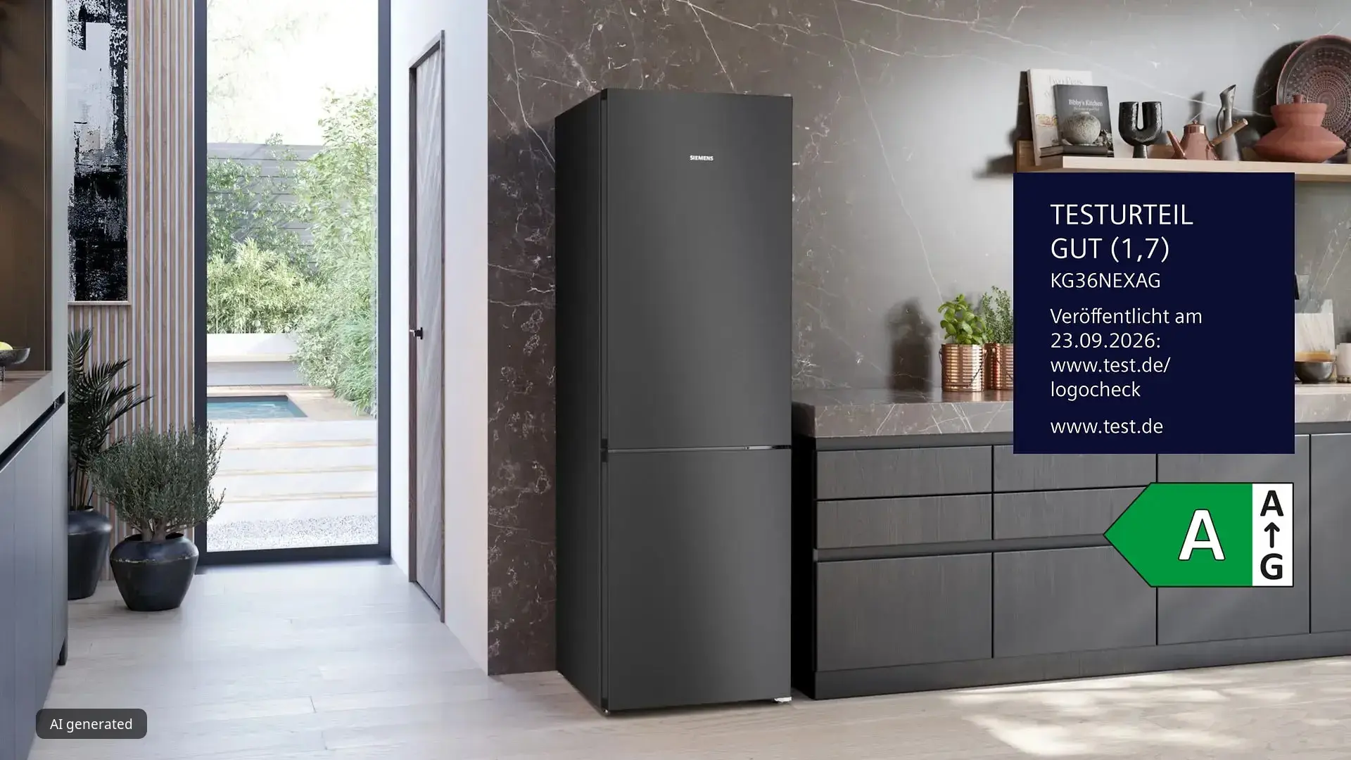 iQ300 Freistehende Kühl-Gefrier-Kombination mit Gefrierbereich unten 186 x 60 cm Gebürsteter schwarzer Stahl AntiFingerprint mit Stiftung Warentest Logo und Energieeffizienzklasse A