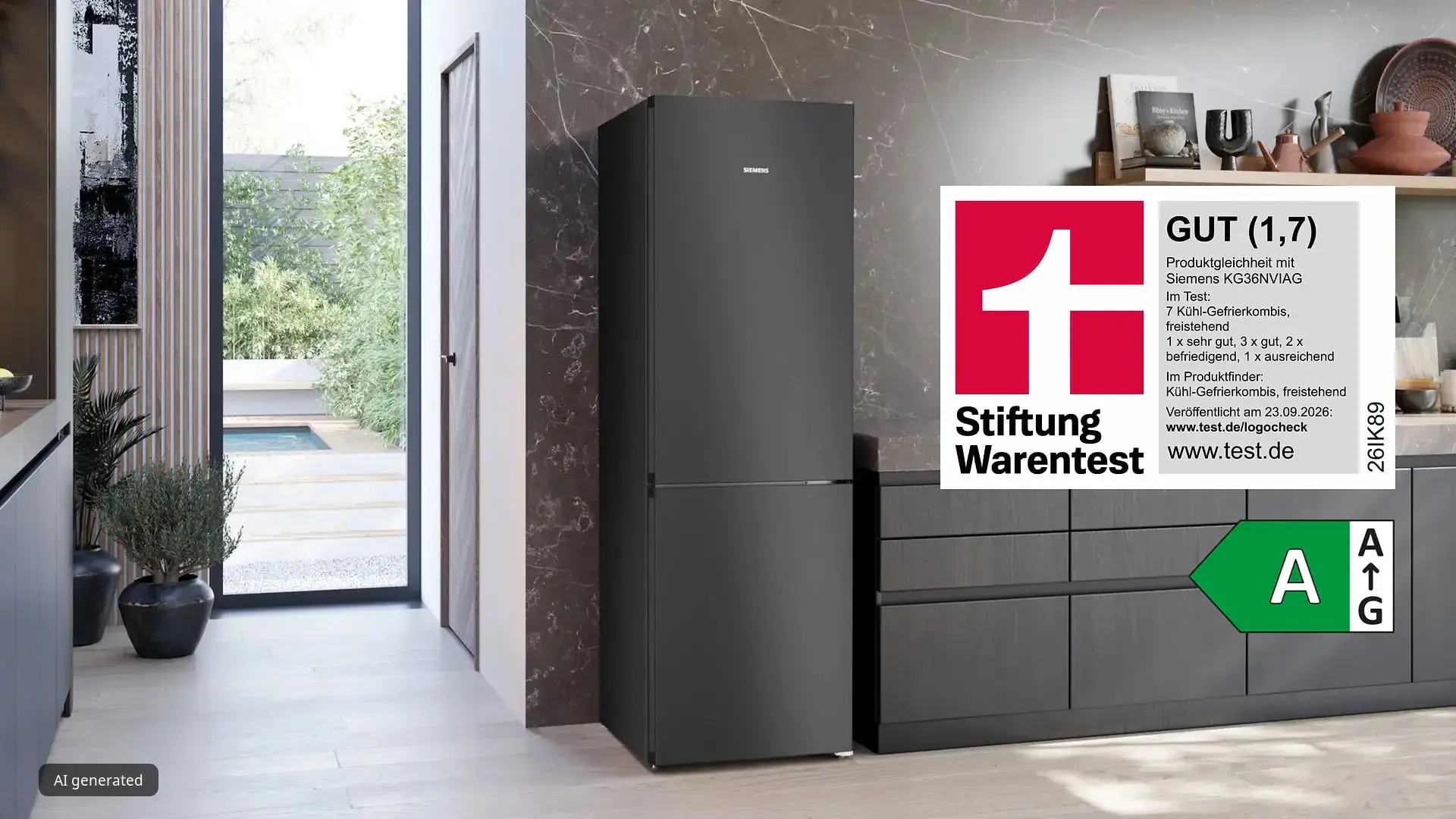 iQ300 Freistehende Kühl-Gefrier-Kombination mit Gefrierbereich unten 186 x 60 cm Gebürsteter schwarzer Stahl AntiFingerprint mit Stiftung Warentest Logo und Energieeffizienzklasse A