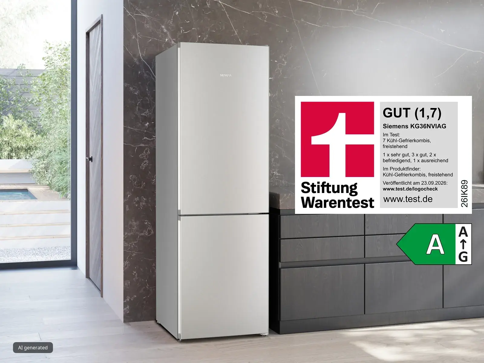 Siemens Kühl-Gefrierkombination KG36NVIAG, von Stiftung Warentest mit GUT (1,7) in Ausgabe 09/2026 ausgezeichnet, Energieeffizienzklasse A.