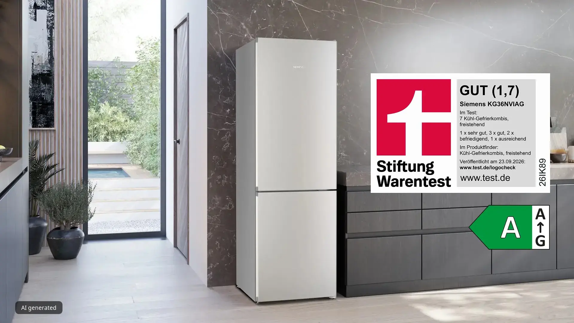 iQ300 Freistehende Kühl-Gefrier-Kombination mit Gefrierbereich unten 186 x 60 cm Gebürsteter Stahl mit Stiftung Warentest Logo und Energieeffizienzklasse A
