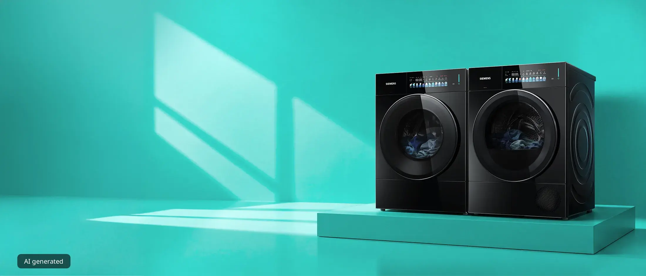 Zwarte Siemens iconicEdition wasmachine en droger naast elkaar tegen een petrol achtergrond.