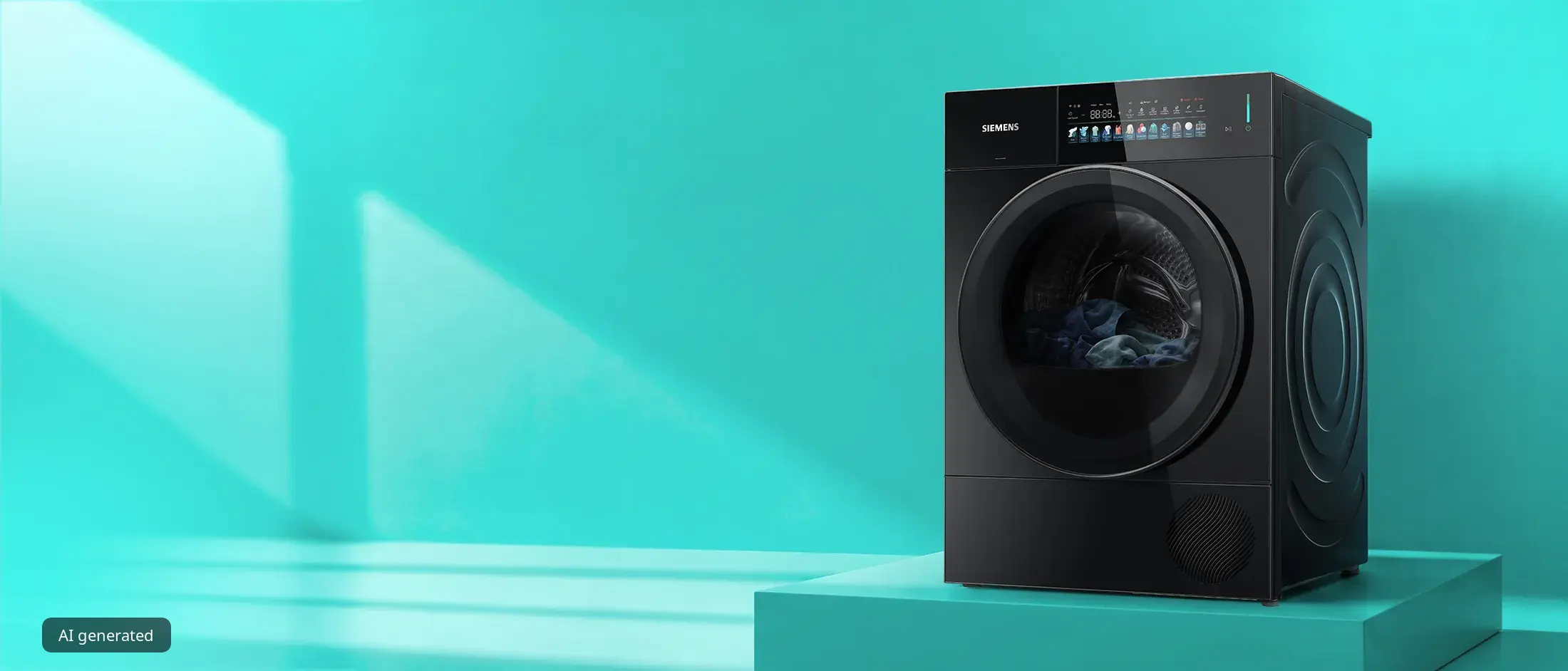 Zwarte Siemens iconicEdition warmtepompdroger met kleding erin, tentoongesteld op een sokkel tegen een turquoise achtergrond.