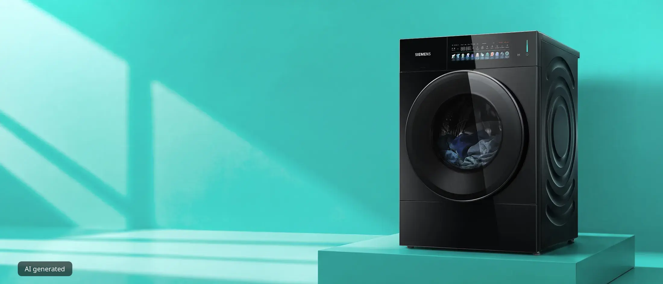 Black Siemens front-loading washing machine with clothes visible inside, displayed on a teal pedestal against a turquoise background.