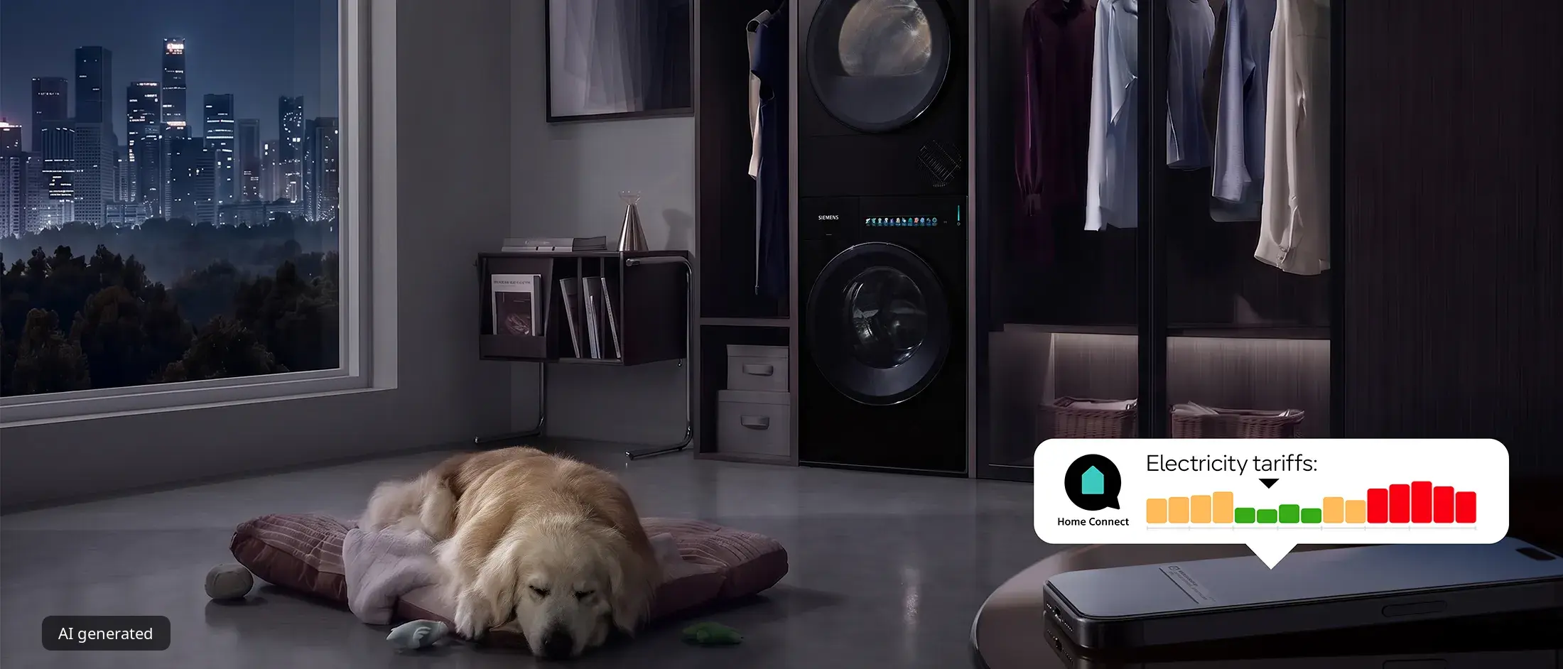 Siemens washing machine and tumble dryer with Home Connect, with a sleeping dog in the foreground.