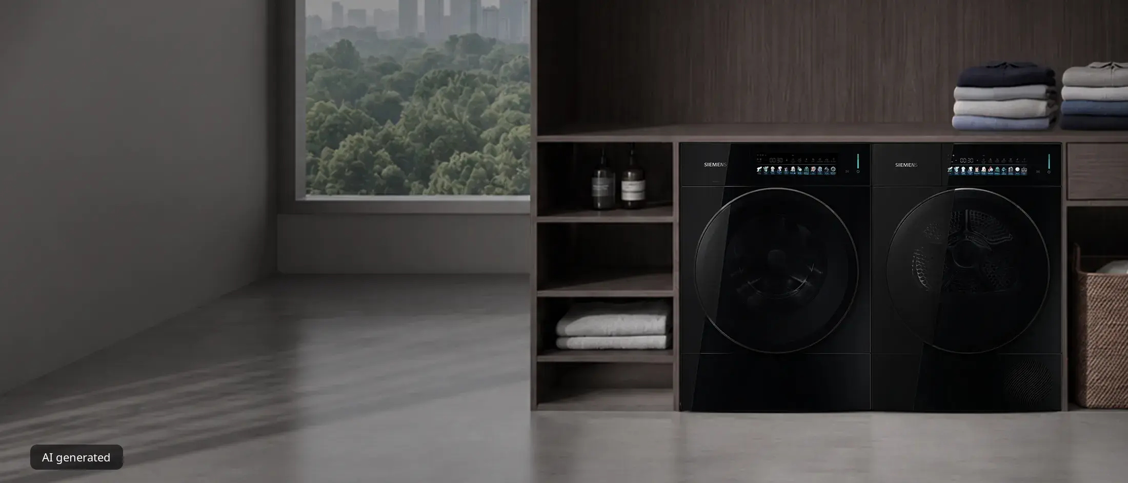 Siemens washing machine and tumble dryer side by side in a modern laundry room.