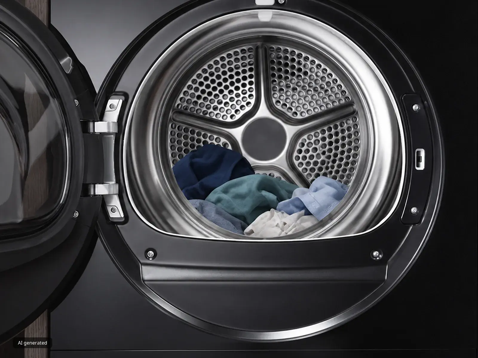 Open front-loading washing machine with assorted clothes inside the drum.