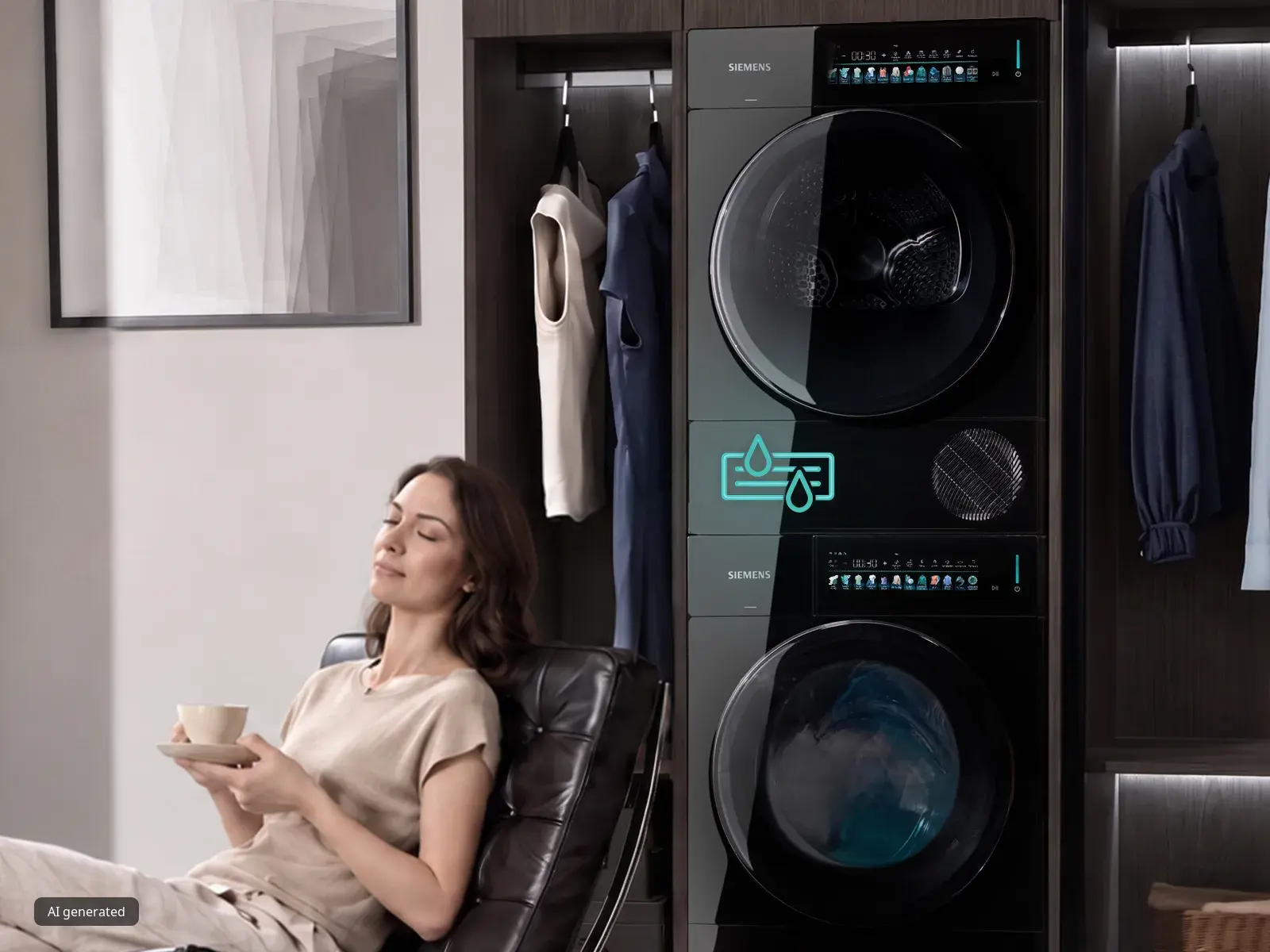 Woman relaxing with tea beside a stacked Siemens washer and dryer in a modern walk-in closet.