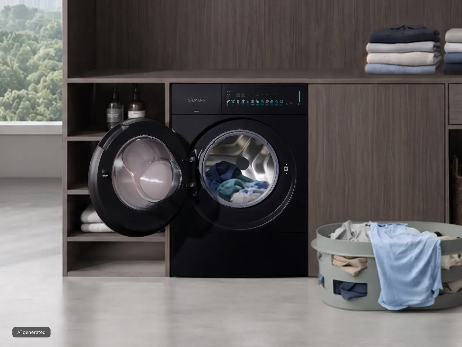 Front-loading Siemens washing machine with open door and clothes inside, beside folded laundry and a basket of clothes.