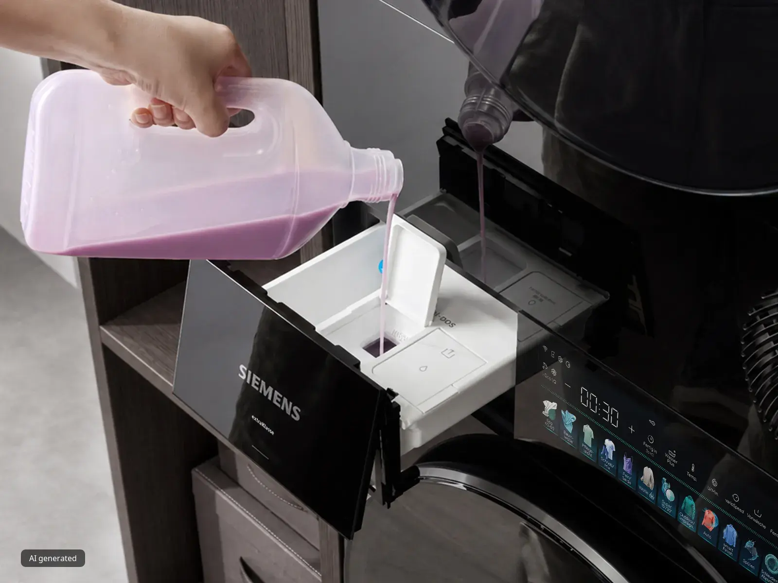 A hand pours purple detergent from a jug into the dispenser of a Siemens washing machine.