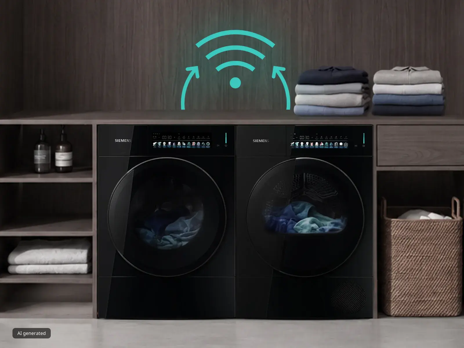 Black Siemens washer and dryer beneath folded clothes, with a turquoise Wi-Fi symbol indicating smart connectivity.