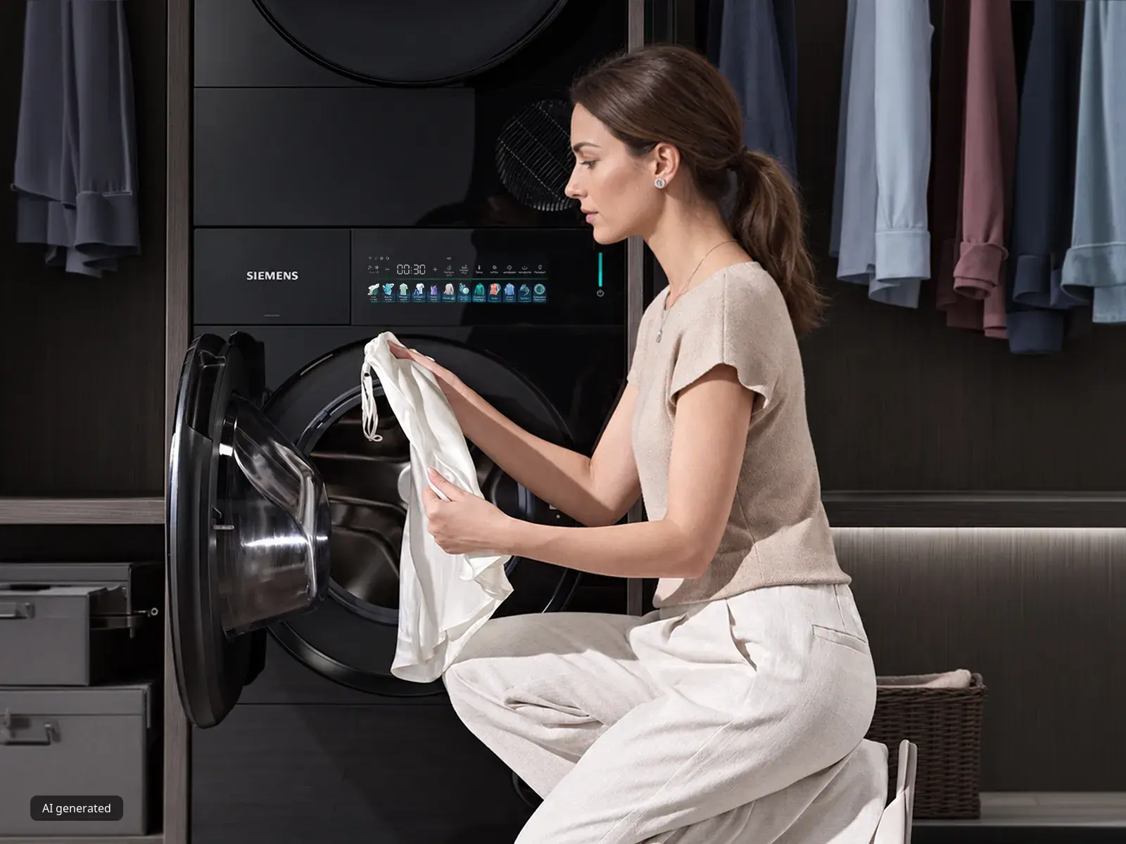 Woman loading a white garment into an open Siemens washing machine in a modern laundry room.