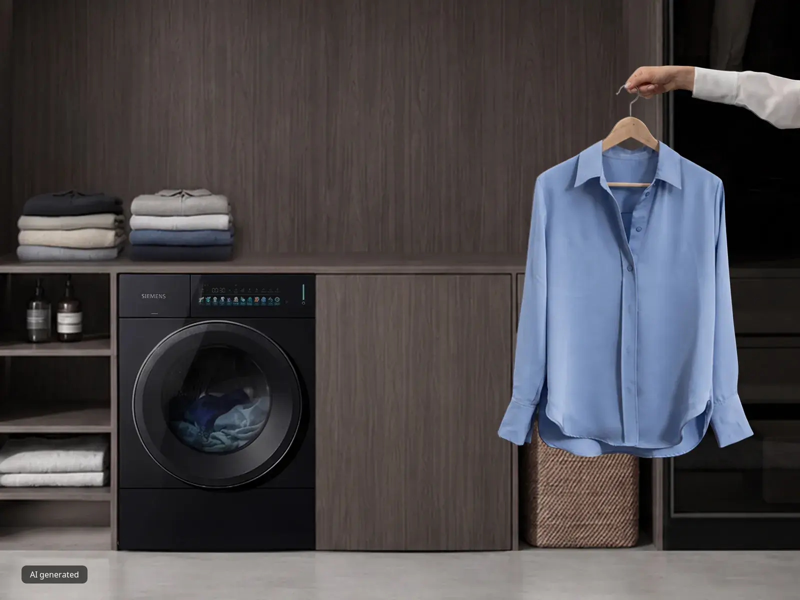 Blue shirt on a hanger held above a front-loading washing machine in a modern laundry room with folded clothes.