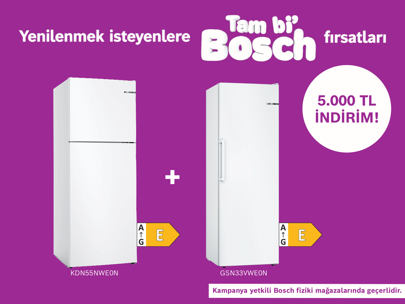 Mor fonda buzdolabı ve çamaşır makinesi, sağda "5.000 TL indirim!" yazısı.