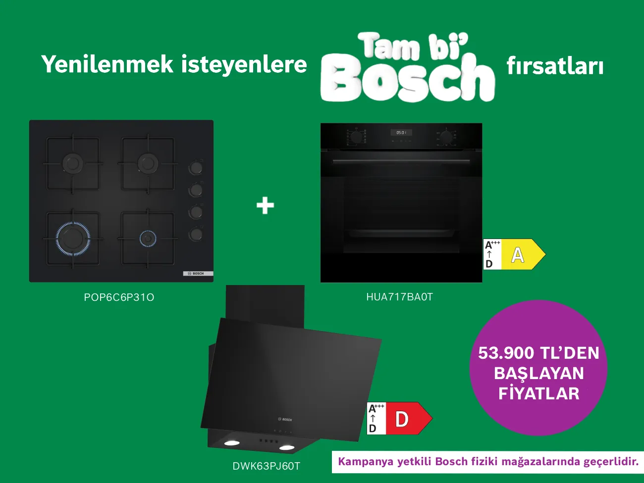 Yeşil fonda ankastre ocak, fırın ve davlumbaz artı işaretleriyle; sağda mor dairede "5.000 TL İNDİRİM!" ve "Tam bi Bosch" yazısı.
