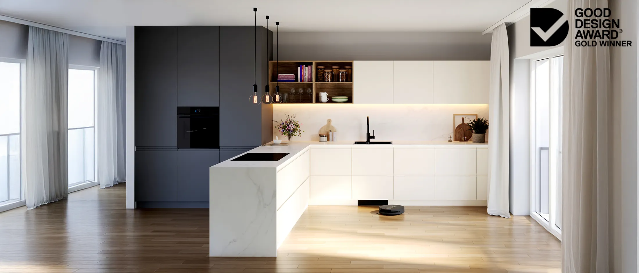 A bright kitchen with wood cabinetry and the Bosch robot vacuum cleaner.