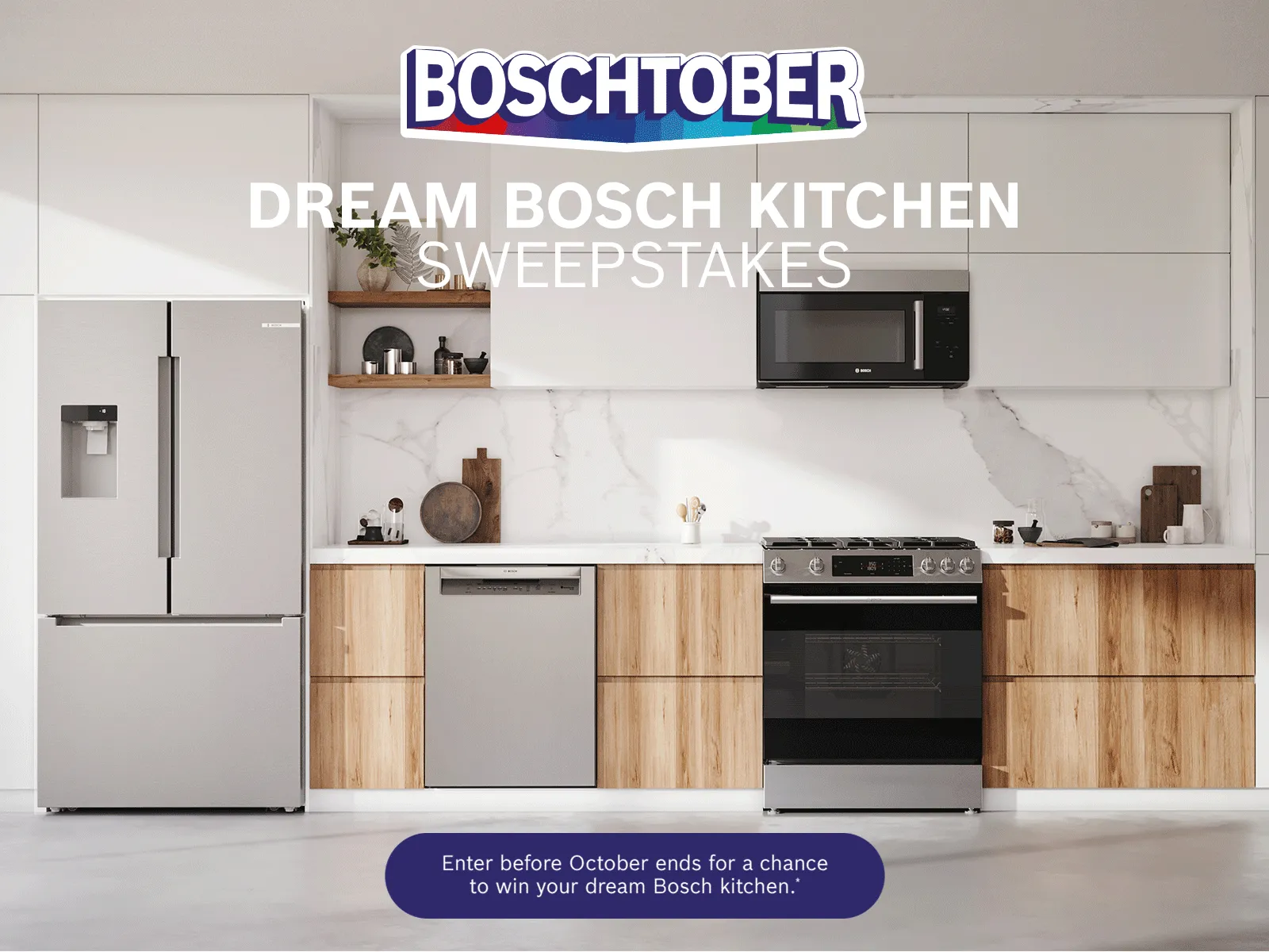 Bosch Stainless steel appliances front kitchen shot with Boschtober Dream Bosch Kitchen Sweepstakes