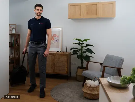 alt-Technician repairing a Bosch oven in the kitchen and white kitchen in the background.