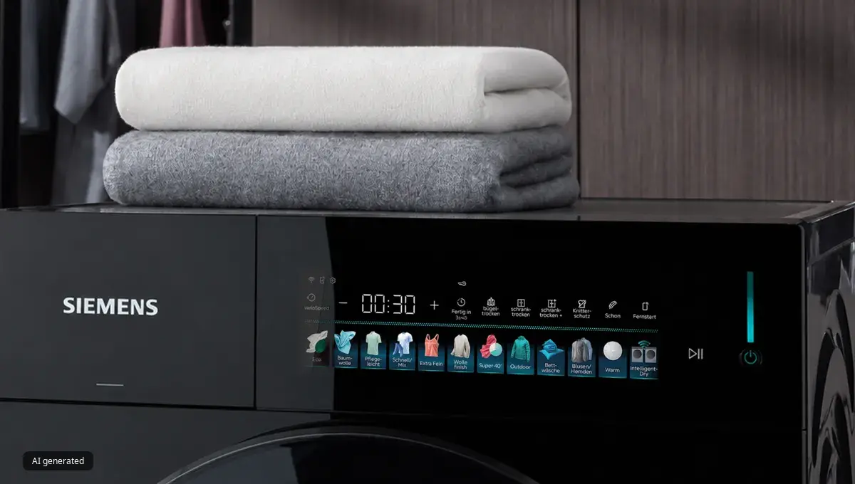 Black Siemens washing machine with digital controls, topped by neatly folded white and gray towels.