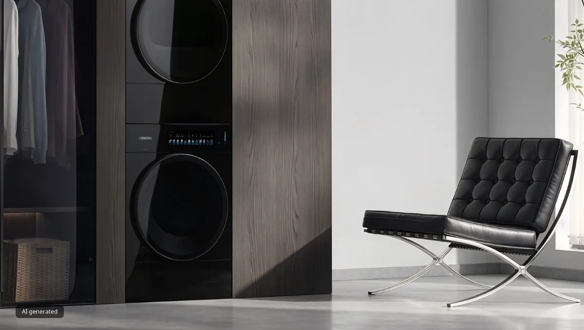 Modern laundry room with stacked black Siemens washer and dryer, open wardrobe, and black leather lounge chair by a sunlit window.