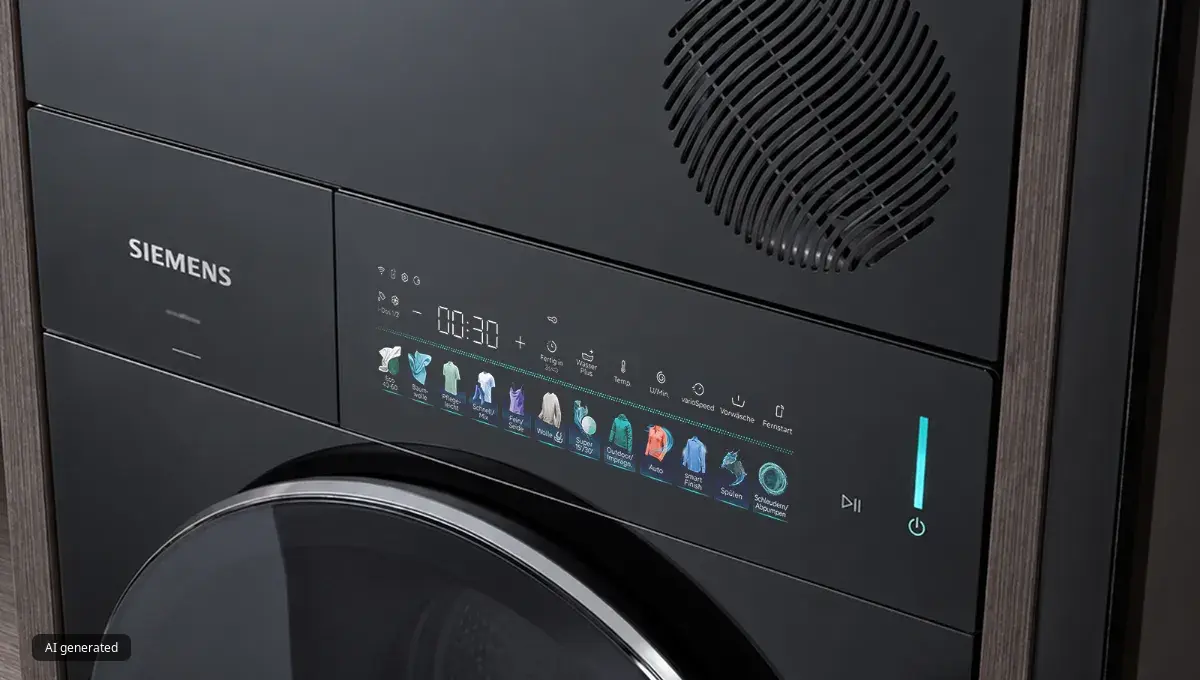 Close-up of a black Siemens washing machine with a digital control panel, illuminated program icons, and large circular door.