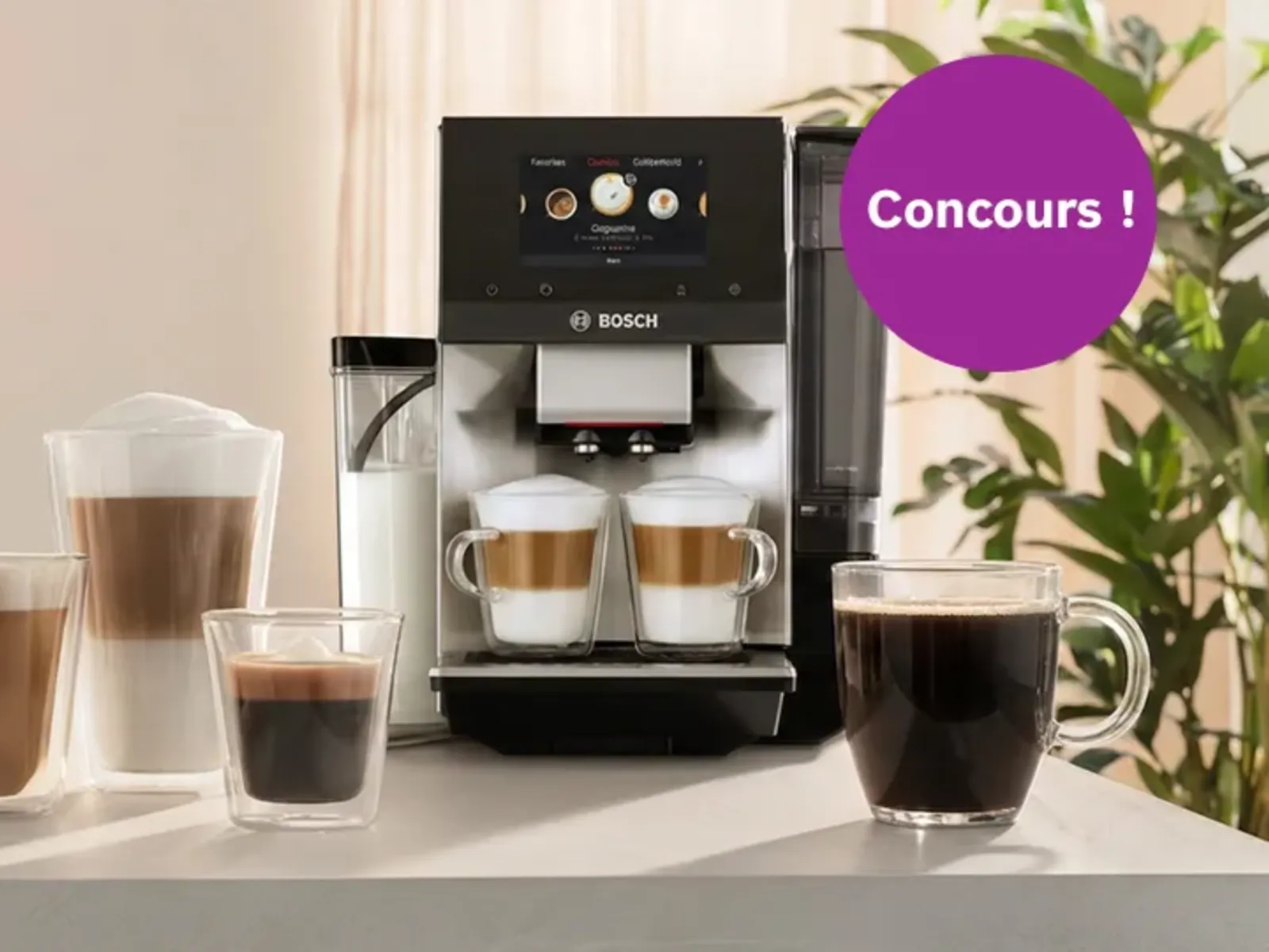 Machine à expresso avec diverses boissons et pastille violette « Concours ! 