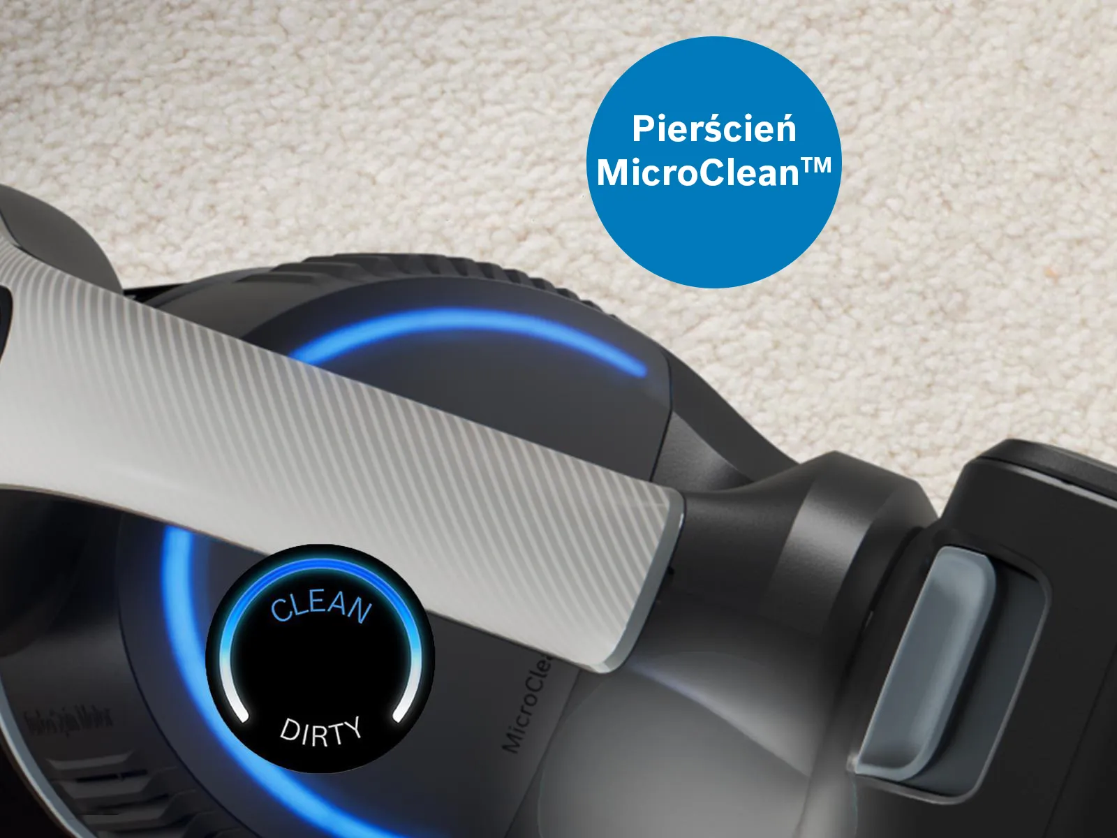 Odkurzacz ręczny Unlimited 10 z niebieskim, świecącym pierścieniem świetlnym MicroClean.