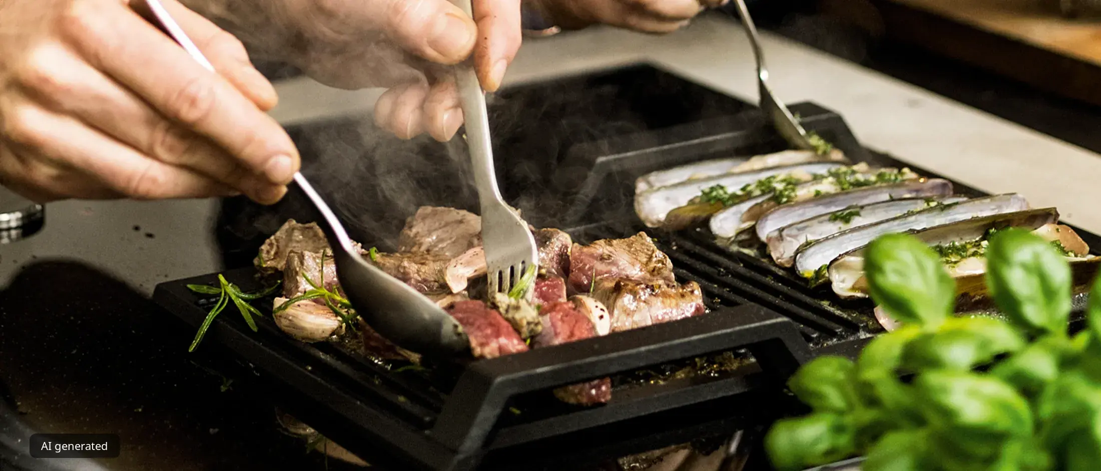 Close-up van twee mensen die blokjes vlees en scheermessen grillen op een zwarte grillplaat op een inductiekookplaat.