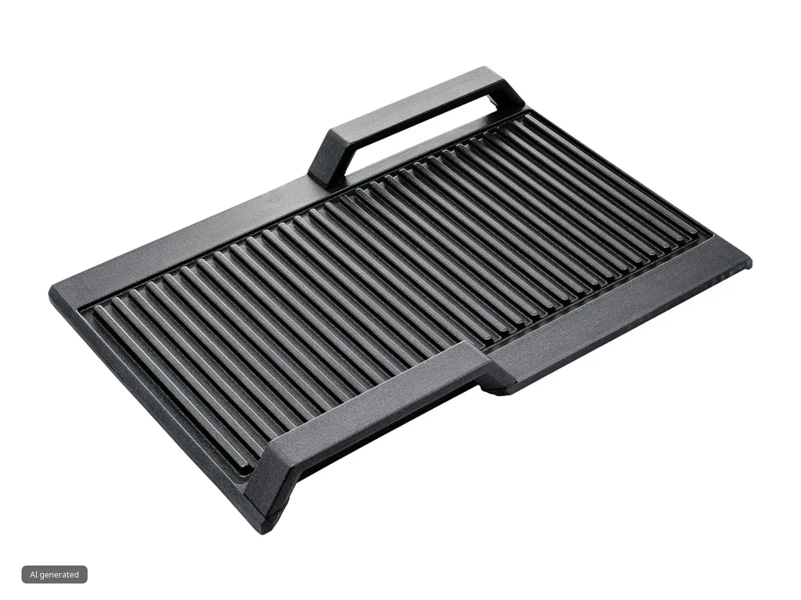 Een driekwart bovenaanzicht van een zwarte, gietijzeren grillplaat met verhoogde ribbels om te grillen, met een open handgreep aan een van de kortere zijden, geplaatst op een effen witte achtergrond.