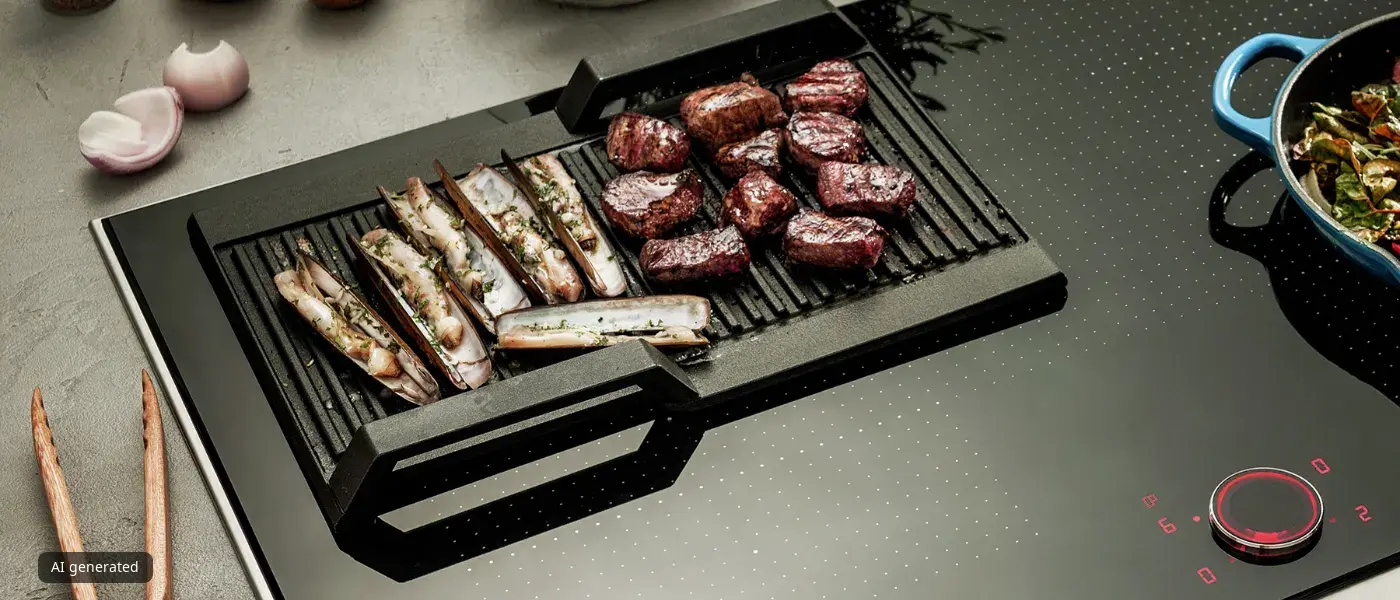 Close-up van een zwarte inductiekookplaat met messen en in blokjes gesneden vlees dat bakt op een bijbehorende grillpan, omringd door ingrediënten zoals uien en een pan.
