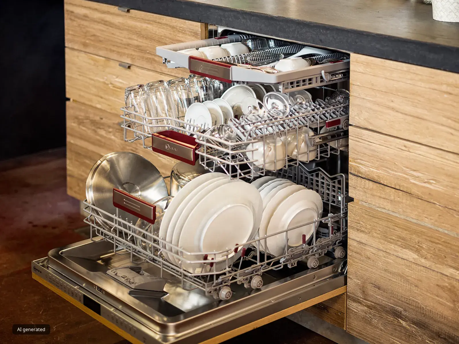 Lave-vaisselle ouvert avec vaisselle propre et verre à l'intérieur sur comptoir de cuisine en bois.