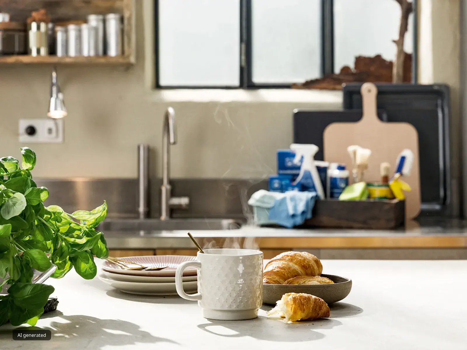 Cozy scène de cuisine avec des herbes fraîches, tasse à café, et croissants sur un comptoir en bois.