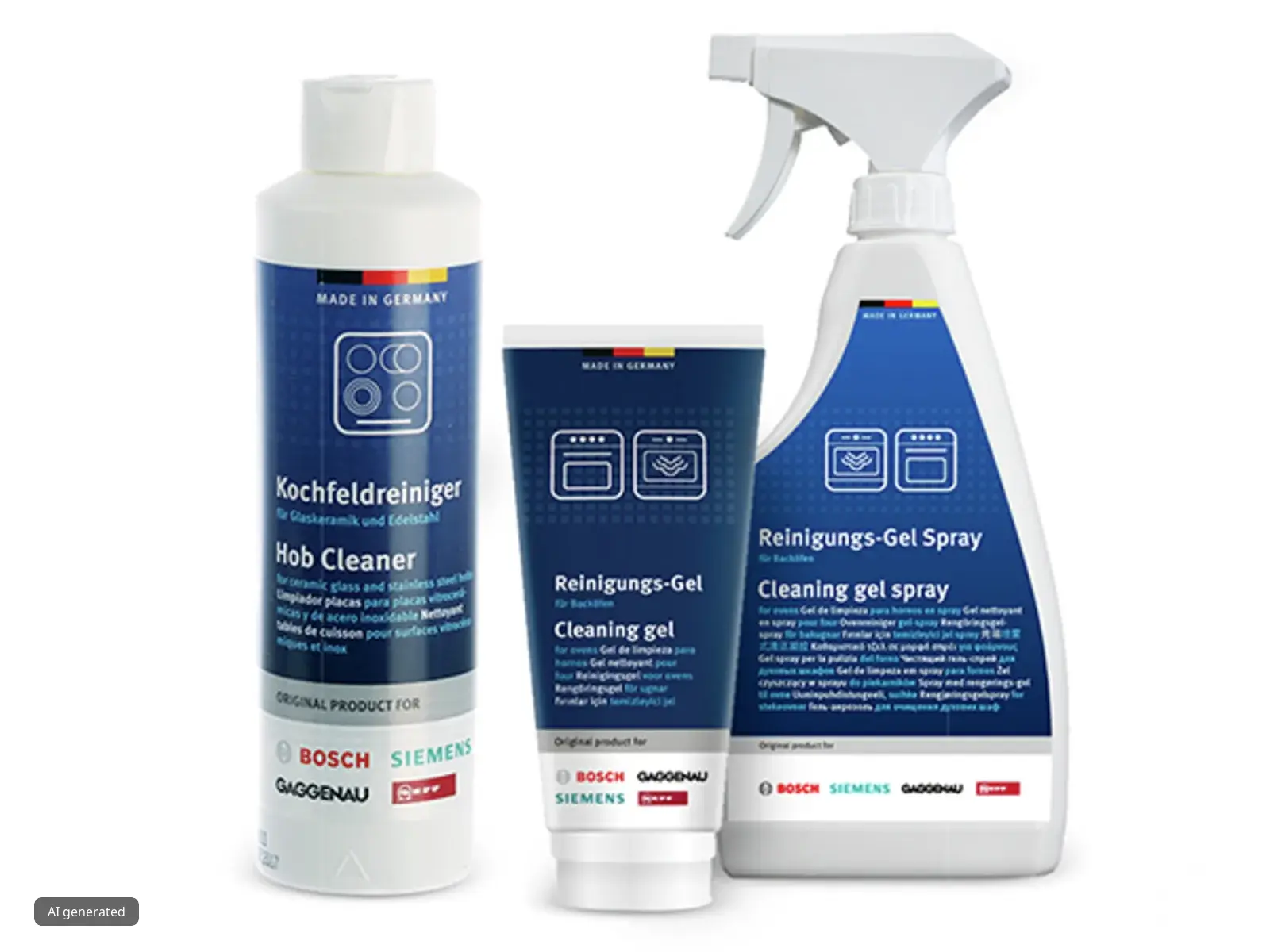 Drie reinigingsproducten voor kookplaten — een vloeibare reiniger, een gel en een gelspray — van de merken Bosch, Siemens en Gaggenau, samen gepresenteerd op een witte achtergrond.