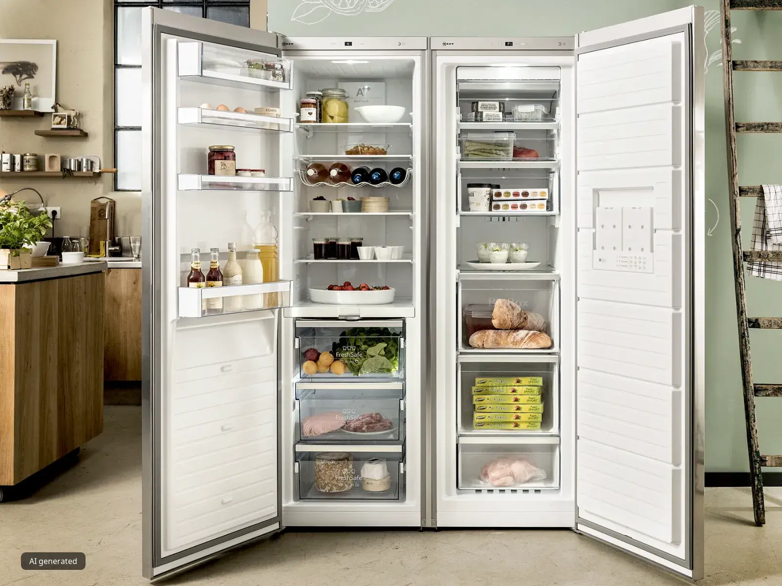 Réfrigérateur ouvert rempli de divers aliments, y compris des fruits, des légumes et d'autres aliments.