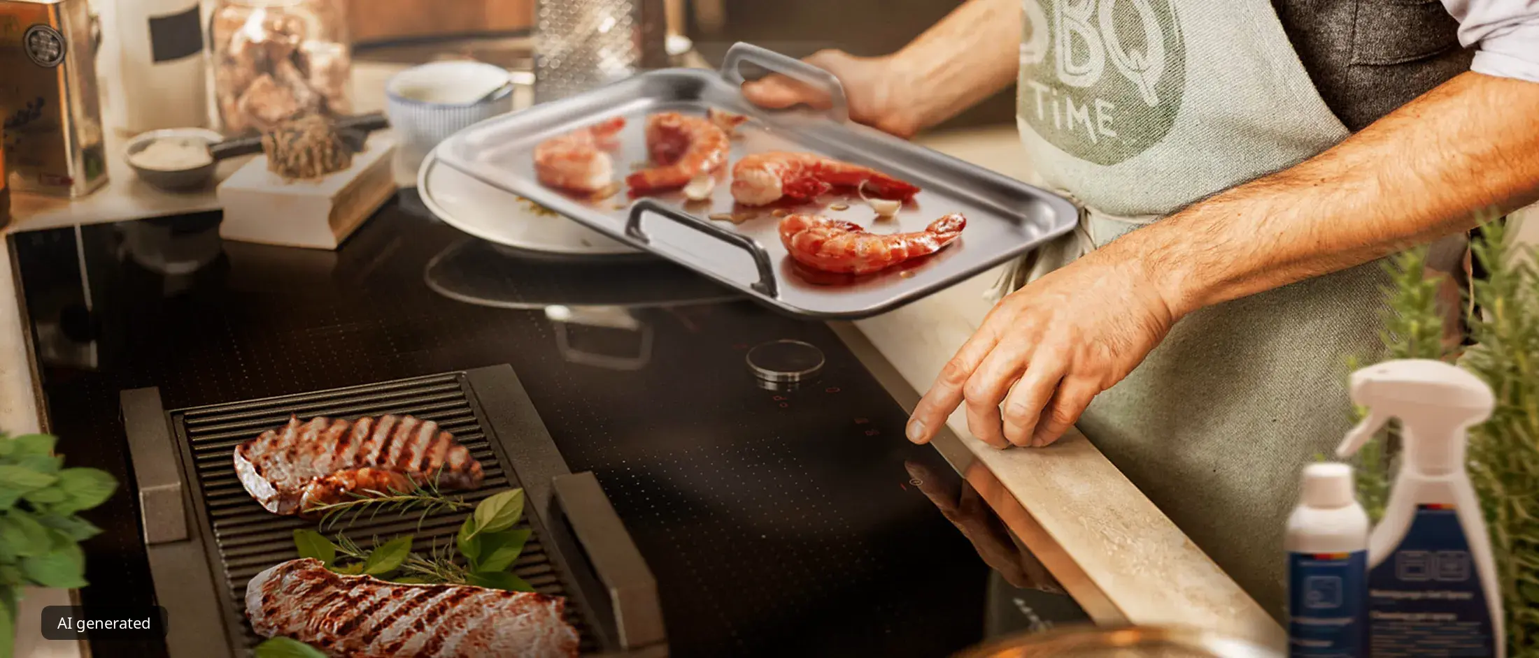 Een persoon met een "BBQ Time"-schort houdt een metalen dienblad met rauwe garnalen boven een zwarte inductiekookplaat, terwijl steaks bakken op een ingebouwde grillplaat.