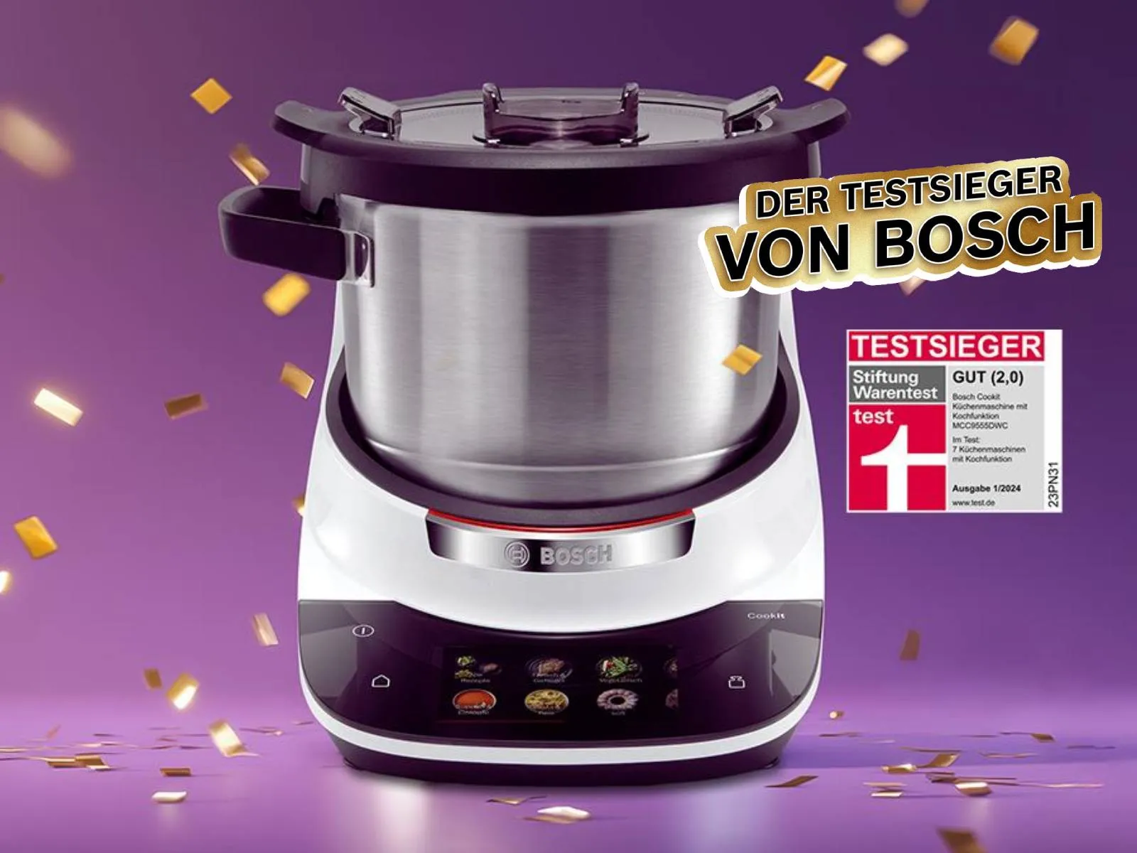 Bosch Cookit – Testsieger Küchenmaschine mit Kochfunktion, Stiftung Warentest Note 2,0, violetter Hintergrund.
