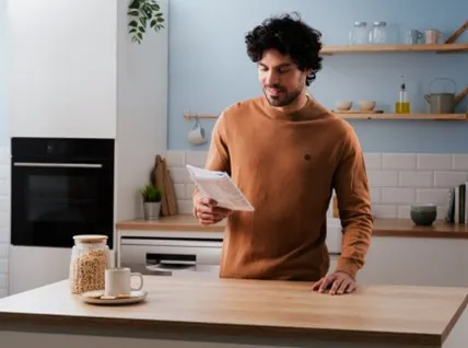 alt-Glasses, user manual and cup on a white table, with a white kitchen in the background.