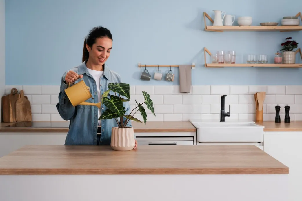 alt-Smiling woman watering a potted plant in a bright, modern kitchen with wooden countertops and open shelves.