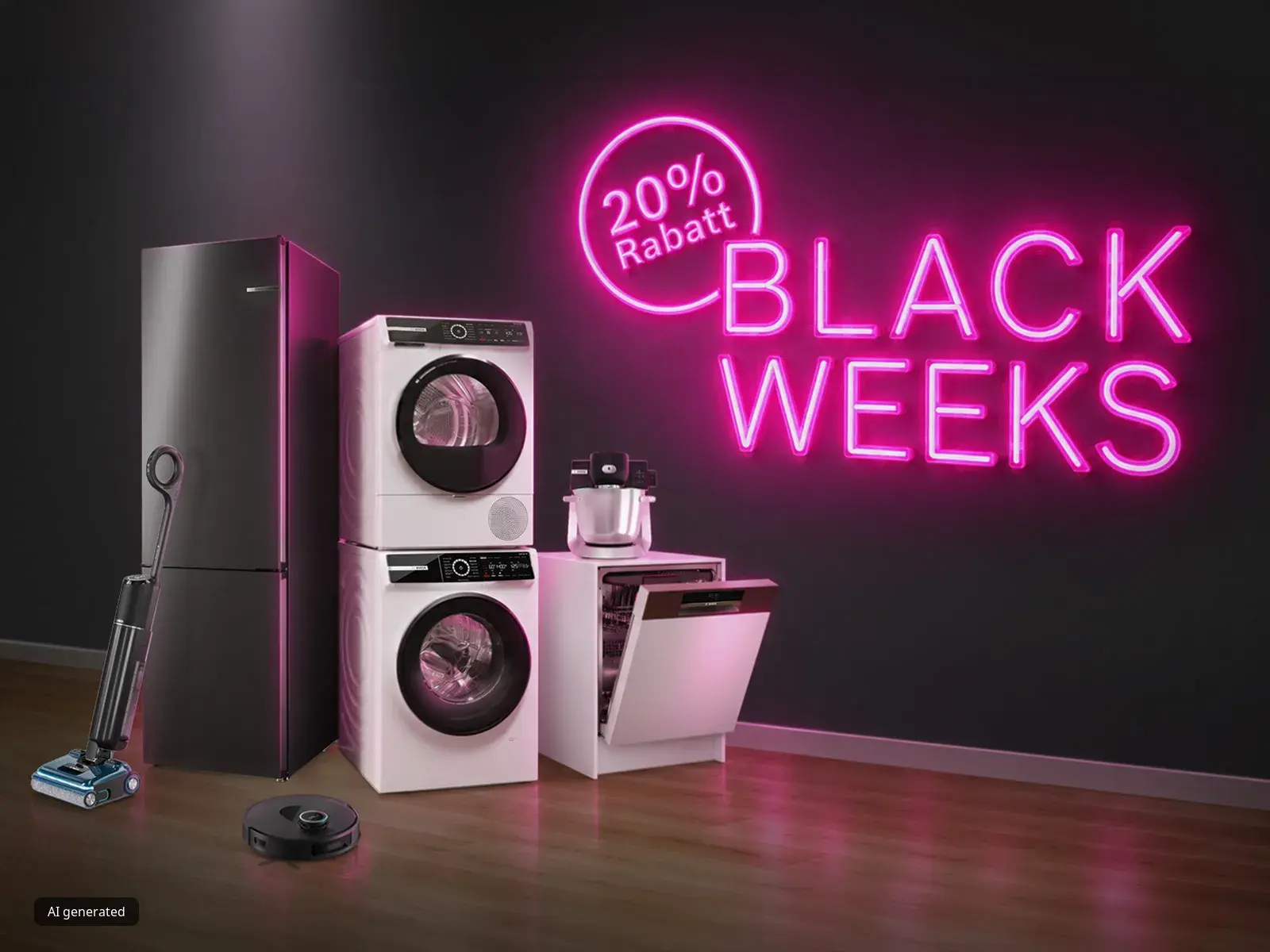 Dunkler Raum mit Hausgeräten von Bosch und dem Hinweis auf die aktuelle Black Weeks Aktion mit 20 % Rabatt im Bosch Online Shop
